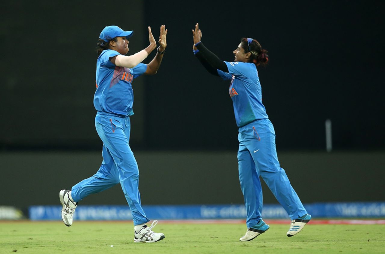 Jhulan Goswami and Mithali Raj celebrate the wicket of Bismah Maroof, India Women v Pakistan Women, ICC Women's World T20, Delhi, March 19, 2016, 
