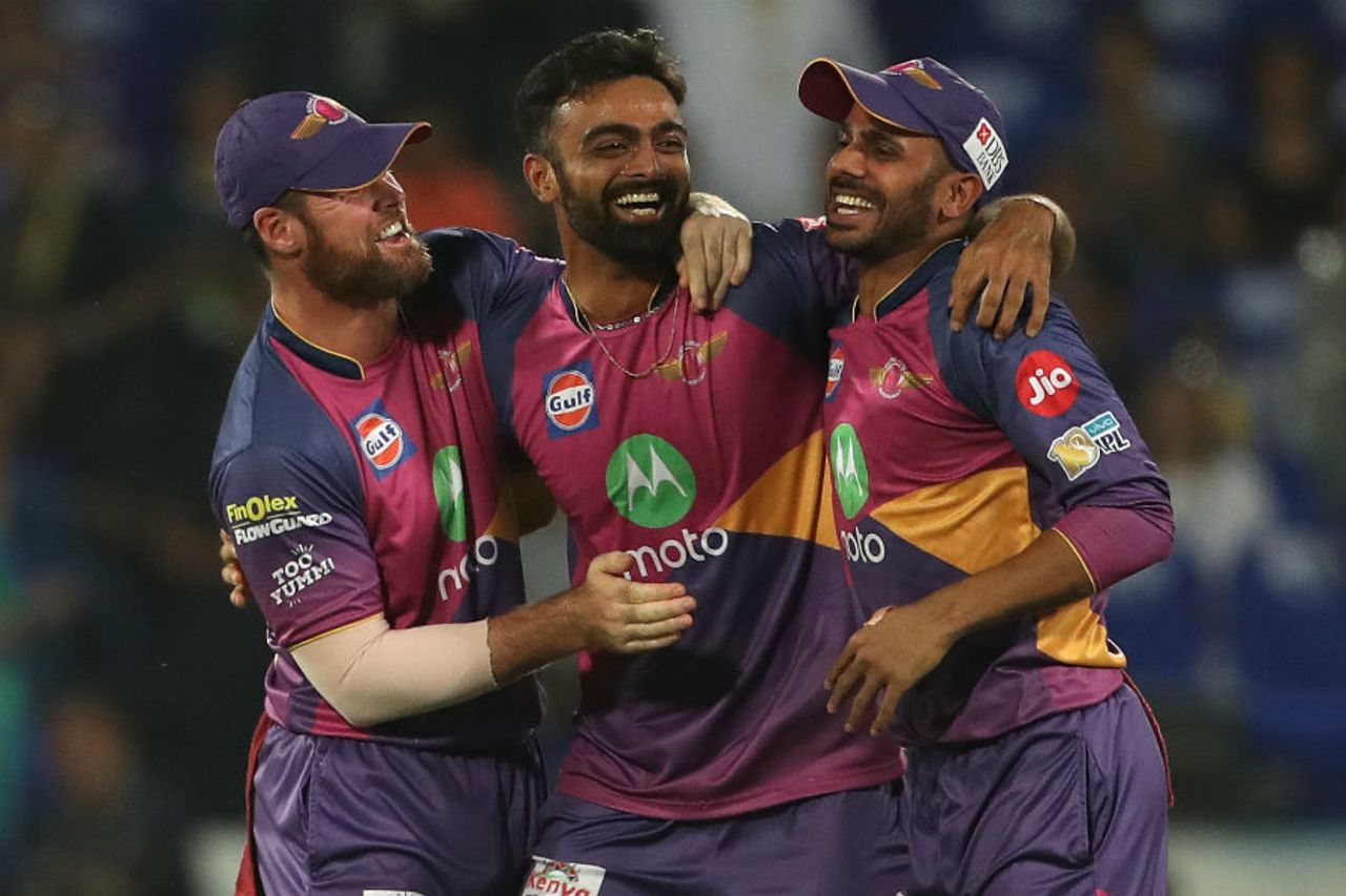 Jaydev Unadkat celebrates a sensational return catch to dismiss Lendl Simmons, Mumbai Indians v Rising Pune Supergiant, IPL final, Hyderabad, May 21, 2017