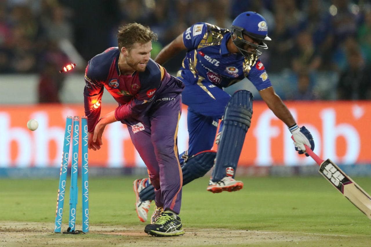 A rocket throw from Steven Smith at mid-off accounted for Ambati Rayudu, Mumbai Indians v Rising Pune Supergiant, IPL final, Hyderabad, May 21, 2017