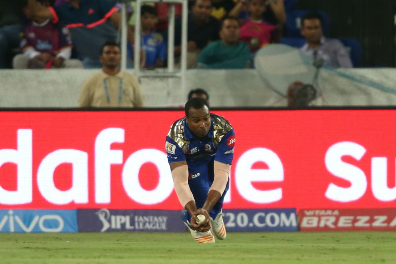Kieron Pollard breathed life into the Mumbai Indians camp with an excellent catch at long-on, Mumbai Indians v Rising Pune Supergiant, IPL final, Hyderabad, May 21, 2017 