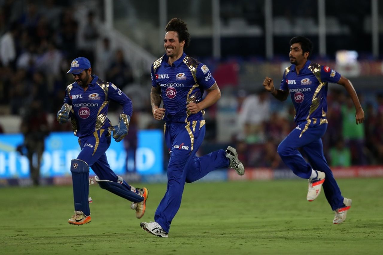 Catch 'em if you can: Parthiv Patel, Mitchell Johnson and Jasprit Bumrah set off on a celebratory run, Mumbai Indians v Rising Pune Supergiant, IPL final, Hyderabad, May 21, 2017
