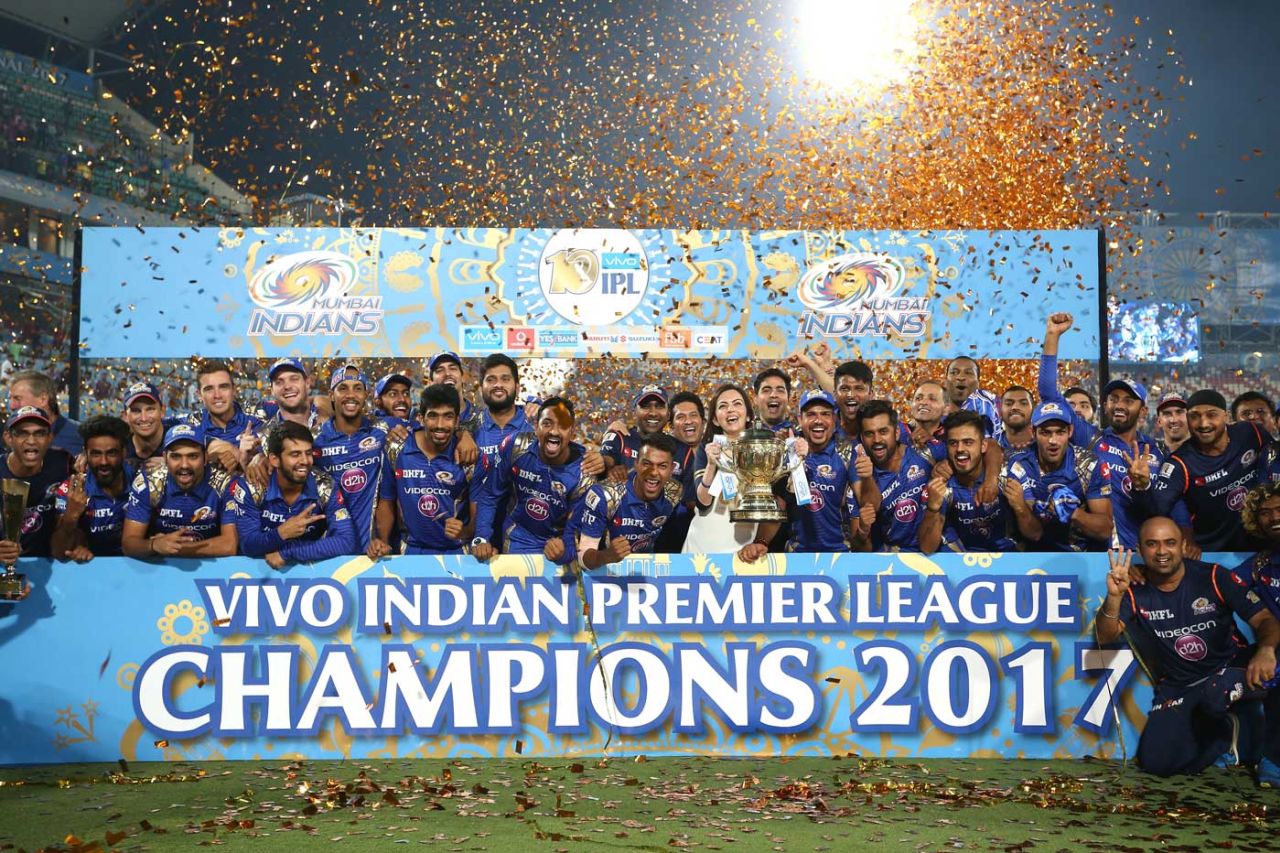 The Mumbai Indians team pose with the trophy, Mumbai Indians v Rising Pune Supergiant, IPL final, Hyderabad, May 21, 2017