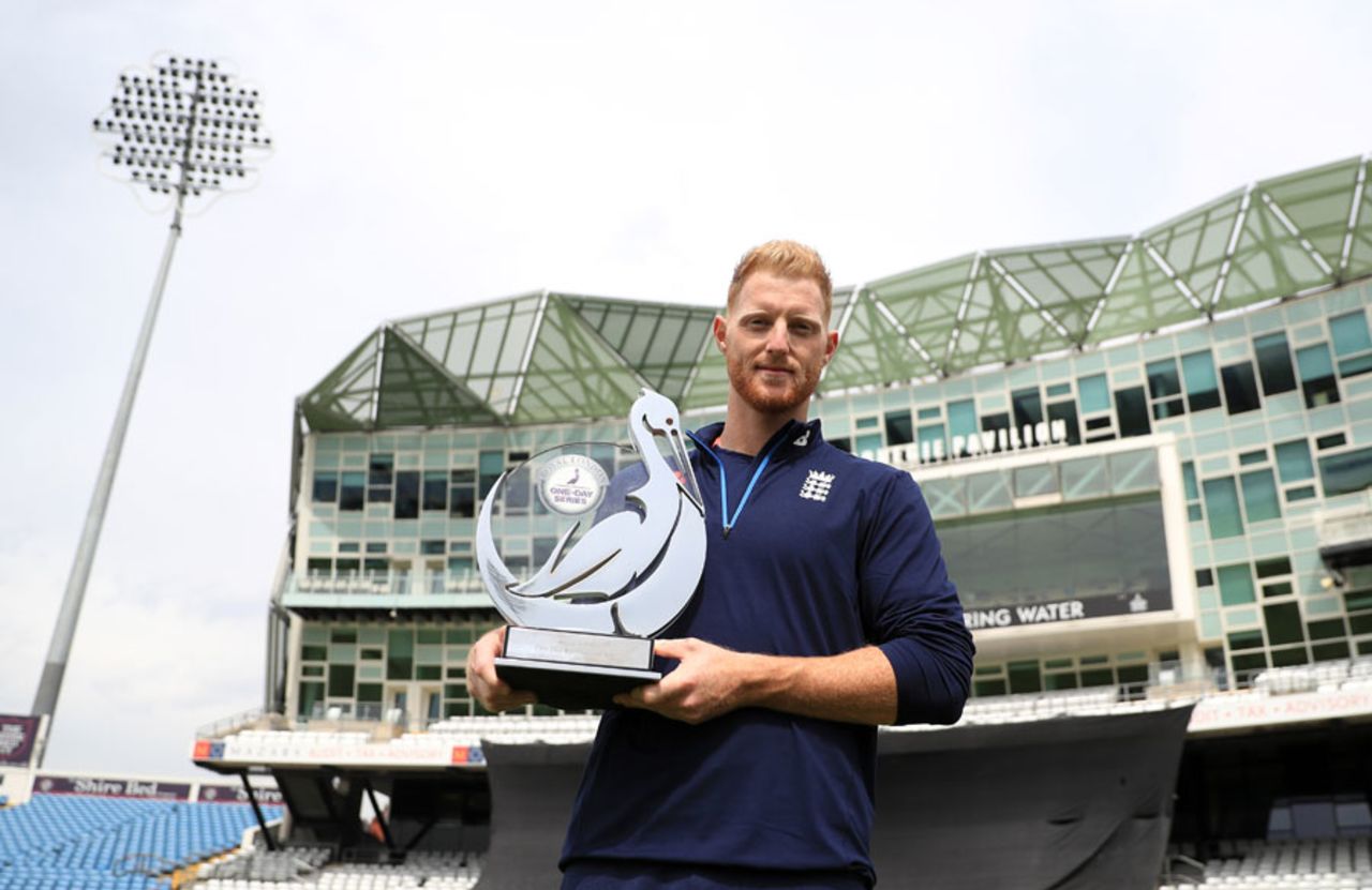 Ben Stokes poses with the trophy ahead of England's ODI series with South Africa, Headingley, May 22, 2017