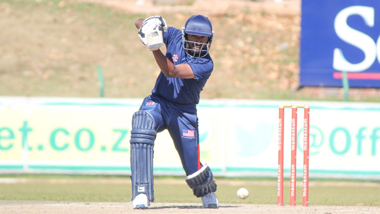 Mrunal Patel drives for a boundary past mid-off during his 45 off 43 balls, USA XI v North West Invitational XI, Potchefstroom, May 20, 2017