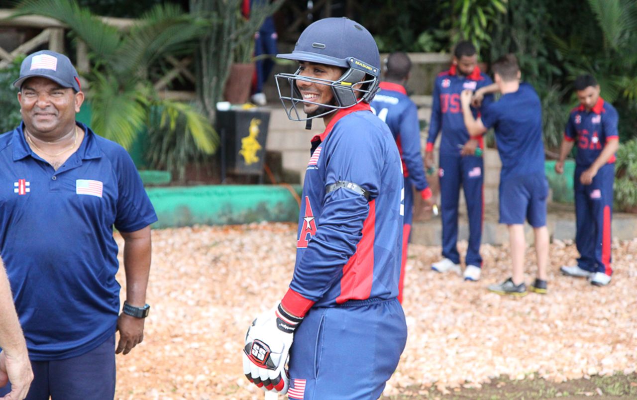 Sagar Patel has a laugh before going out to bat on debut, Oman v USA, ICC World Cricket League Division Three, Entebbe, May 23, 2017