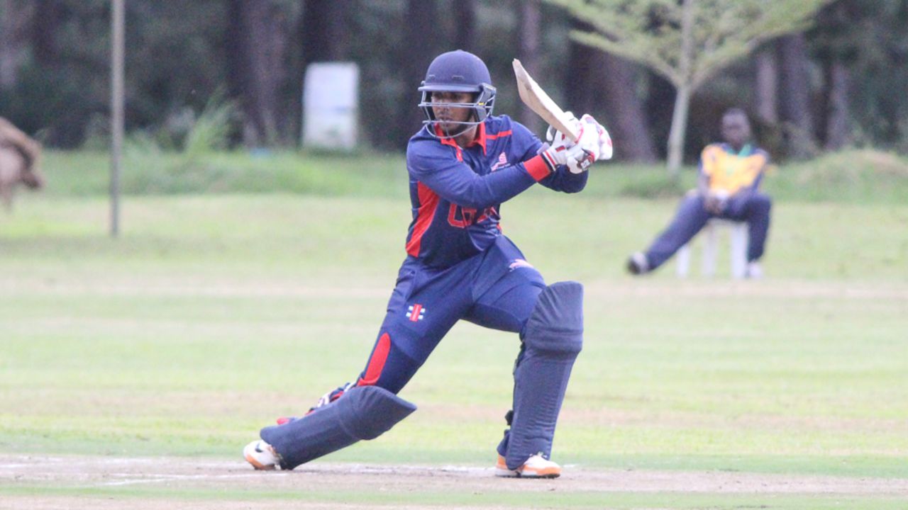 Sagar Patel hits a boundary through point for his first runs in international cricket, Oman v USA, ICC World Cricket League Division Three, Entebbe, May 23, 2017