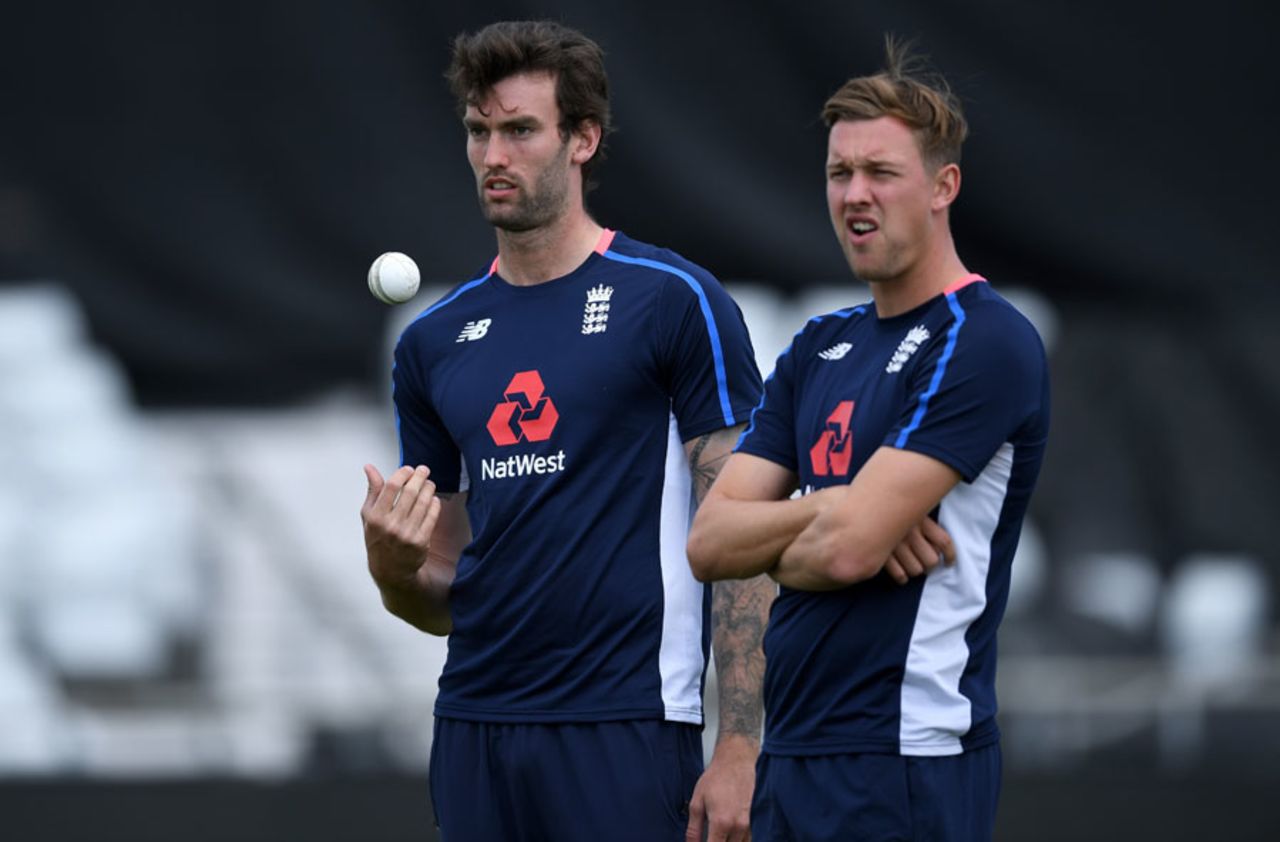 Reece Topley and Jake Ball wait to bowl in the nets, Headingley, May 23, 2017