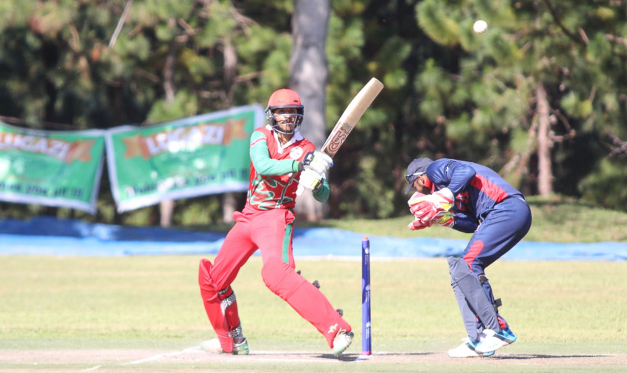 Aqib Ilyas pulls behind square for four during his 55 off 36, Oman v USA, ICC World Cricket League Division Three, Entebbe, May 23, 2017