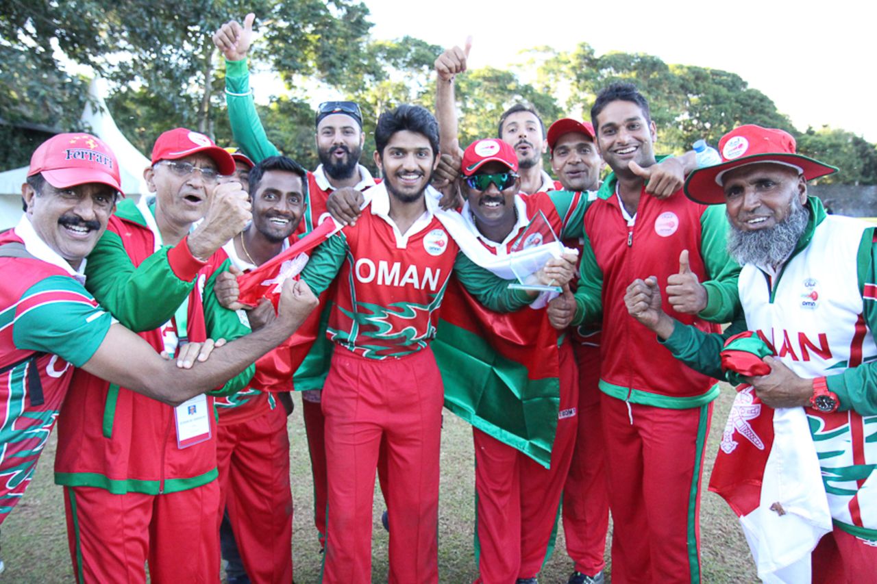 Oman celebrates Aqib Ilyas' performance in victory, Oman v USA, ICC World Cricket League Division Three, Entebbe, May 23, 2017
