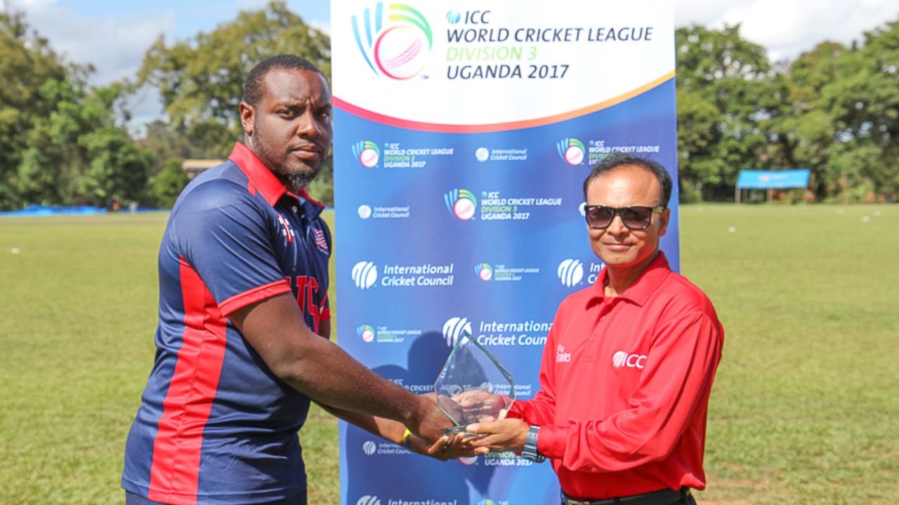 Steven Taylor accepts the Man of the Match award, Malaysia v USA, ICC World Cricket League Division Three, Kampala, May 24, 2017