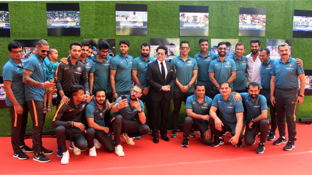 The Indian team and support staff pose with Sachin Tendulkar at the screening of his biopic, 'Sachin: A Billion Dreams', Mumbai, May 24, 2017