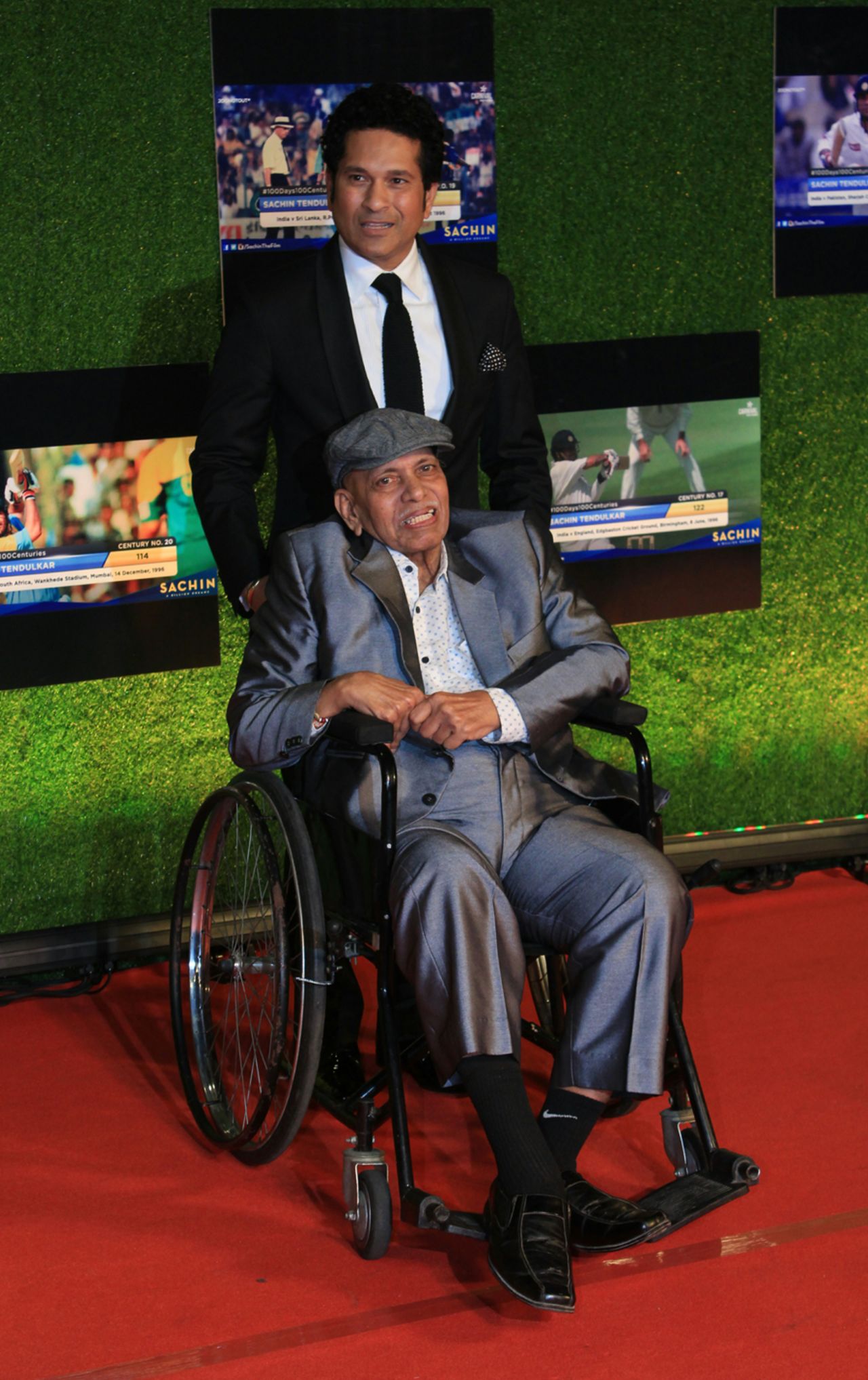 Sachin Tendulkar poses with his coach, Ramakant Achrekar, at the screening of his biopic, 'Sachin: A Billion Dreams', Mumbai, May 24, 2017