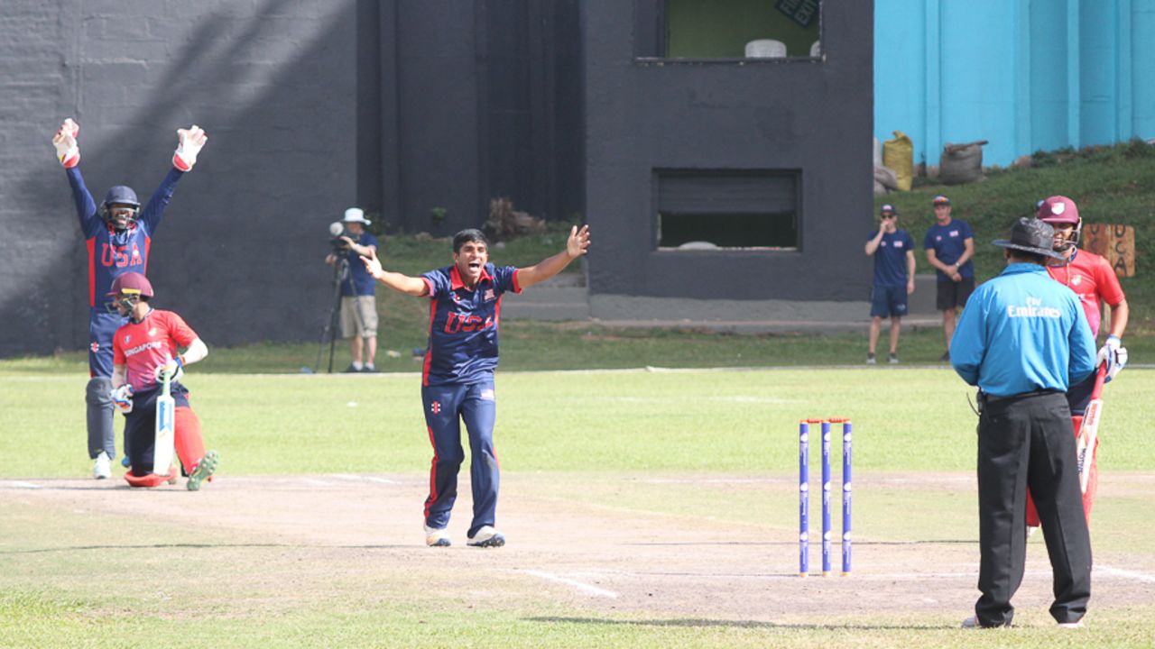Nosthush Kenjige gives a strong shout for leg before that is denied, Singapore v USA, ICC World Cricket League Division Three, Kampala, May 26, 2017