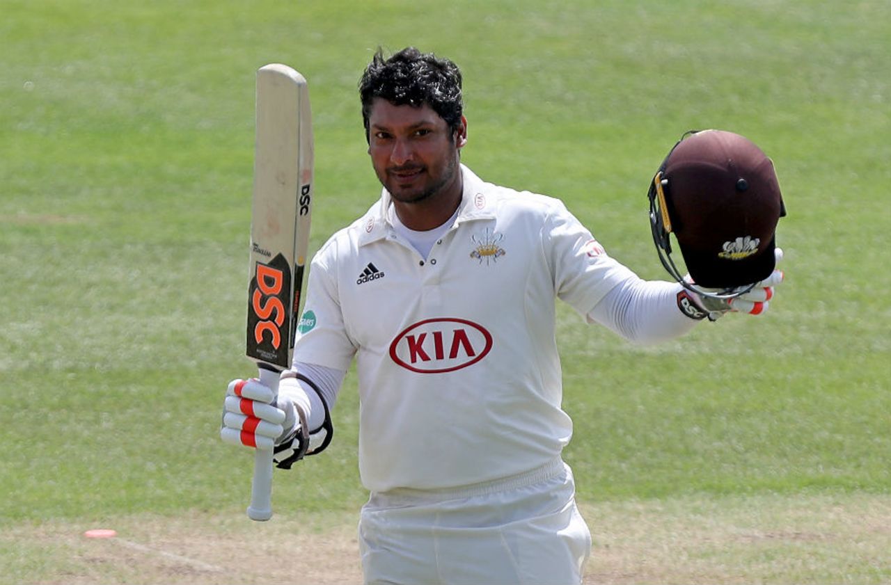 Kumar Sangakkara celebrates his double-century, Essex v Surrey, Specsavers County Championship, Division One, Chelmsford, May 27, 2017