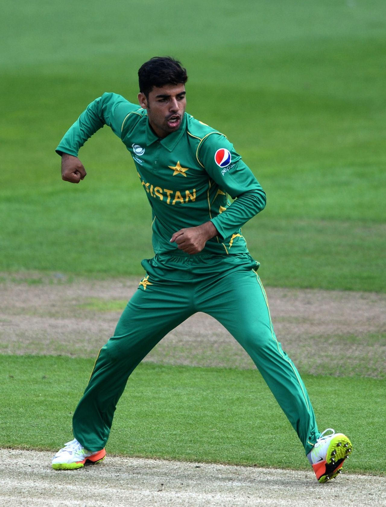 Shadab Khan pumps his fists after picking up a wicket, Bangladesh v Pakistan, Champions Trophy warm-ups, Birmingham, May 27, 2017