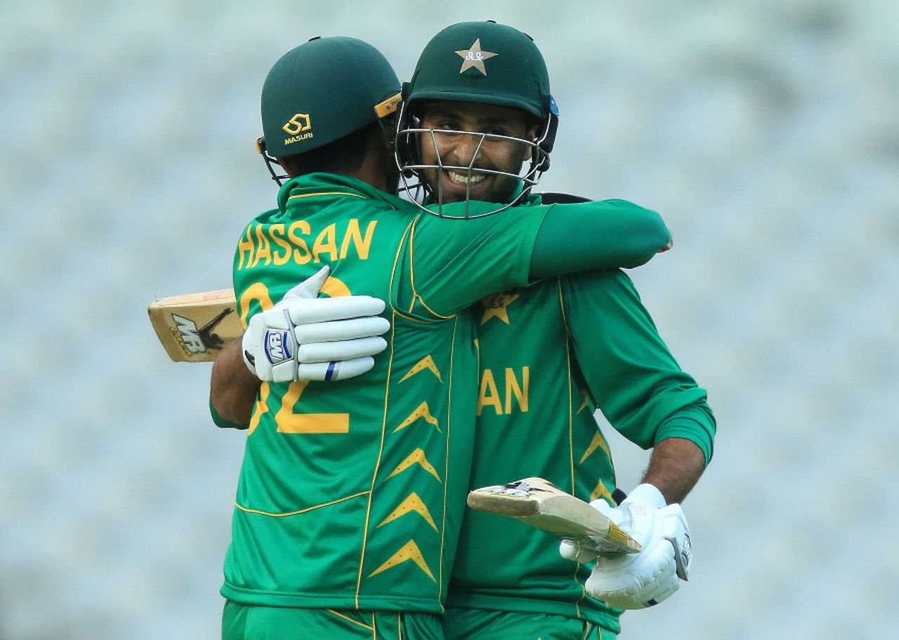 Fahim Ashraf and Hasan Ali celebrate after competing a two-wicket win, Bangladesh v Pakistan, Champions Trophy warm-ups, Birmingham, May 27, 2017