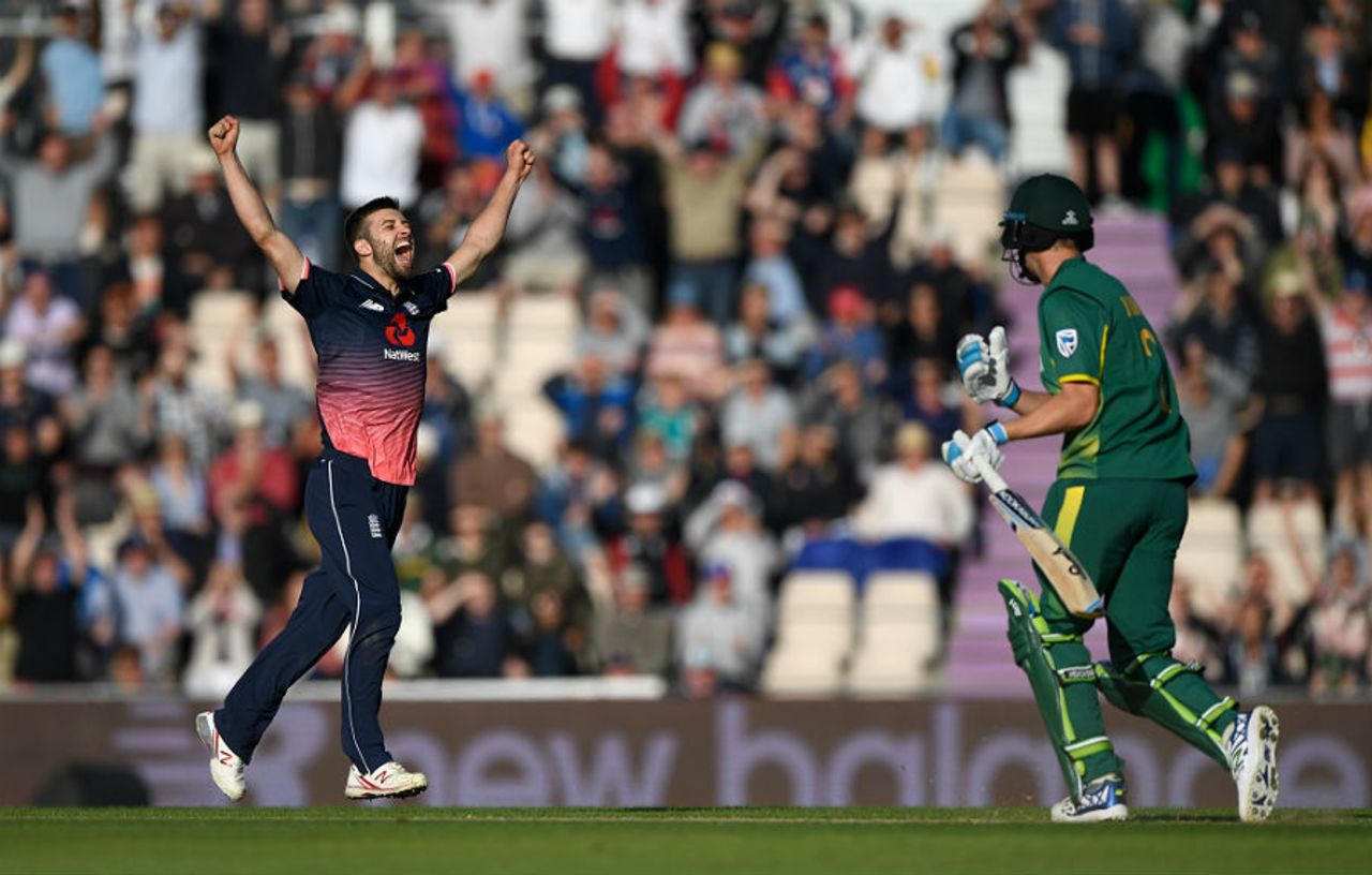 Mark Wood celebrates the moment of victory after defending seven runs in the final over, England v South Africa, 2nd ODI, Ageas Bowl, May 27, 2017