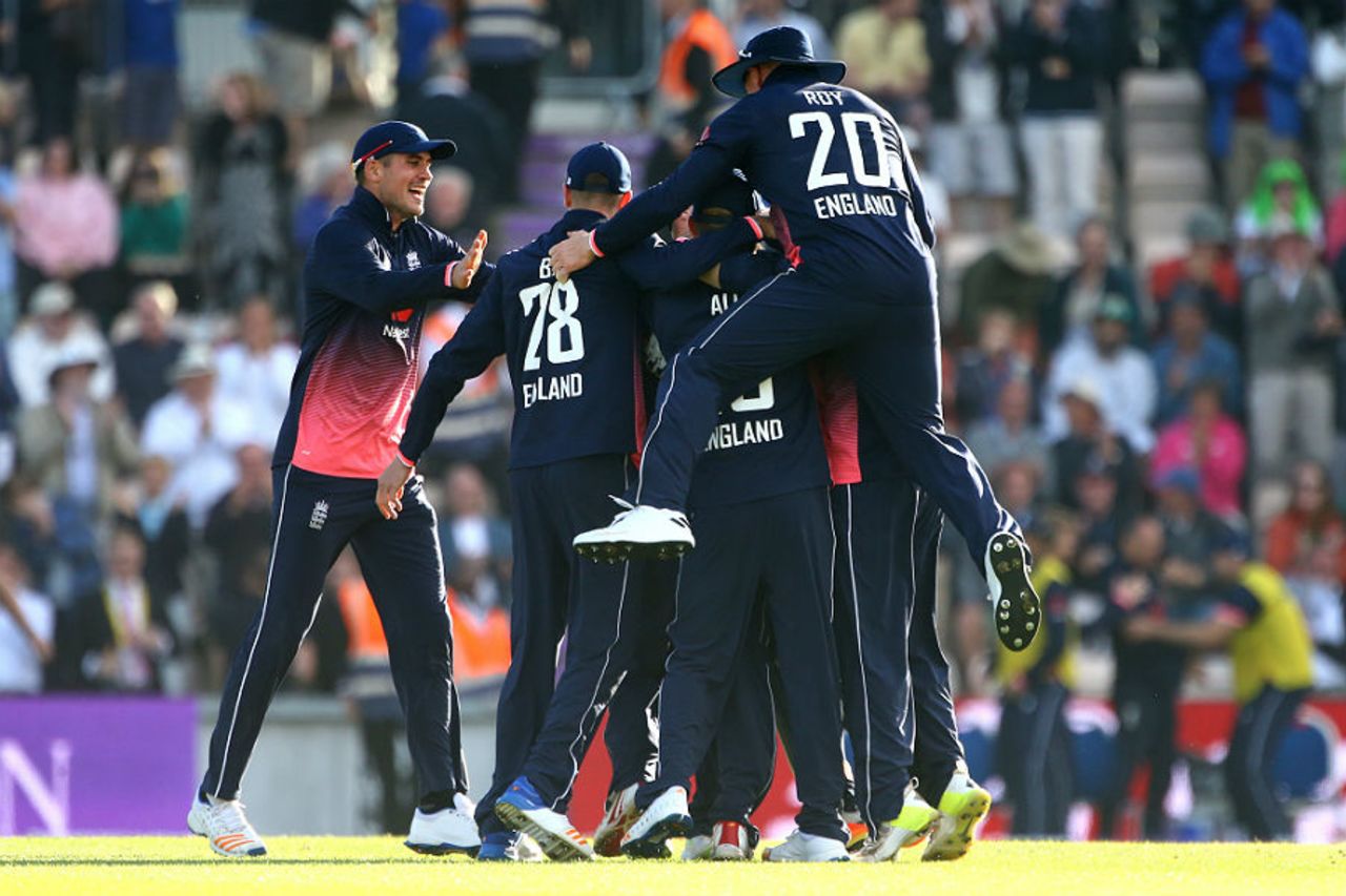 England's players celebrate a thrilling two-run win at the Ageas Bowl, England v South Africa, 2nd ODI, Ageas Bowl, May 27, 2017