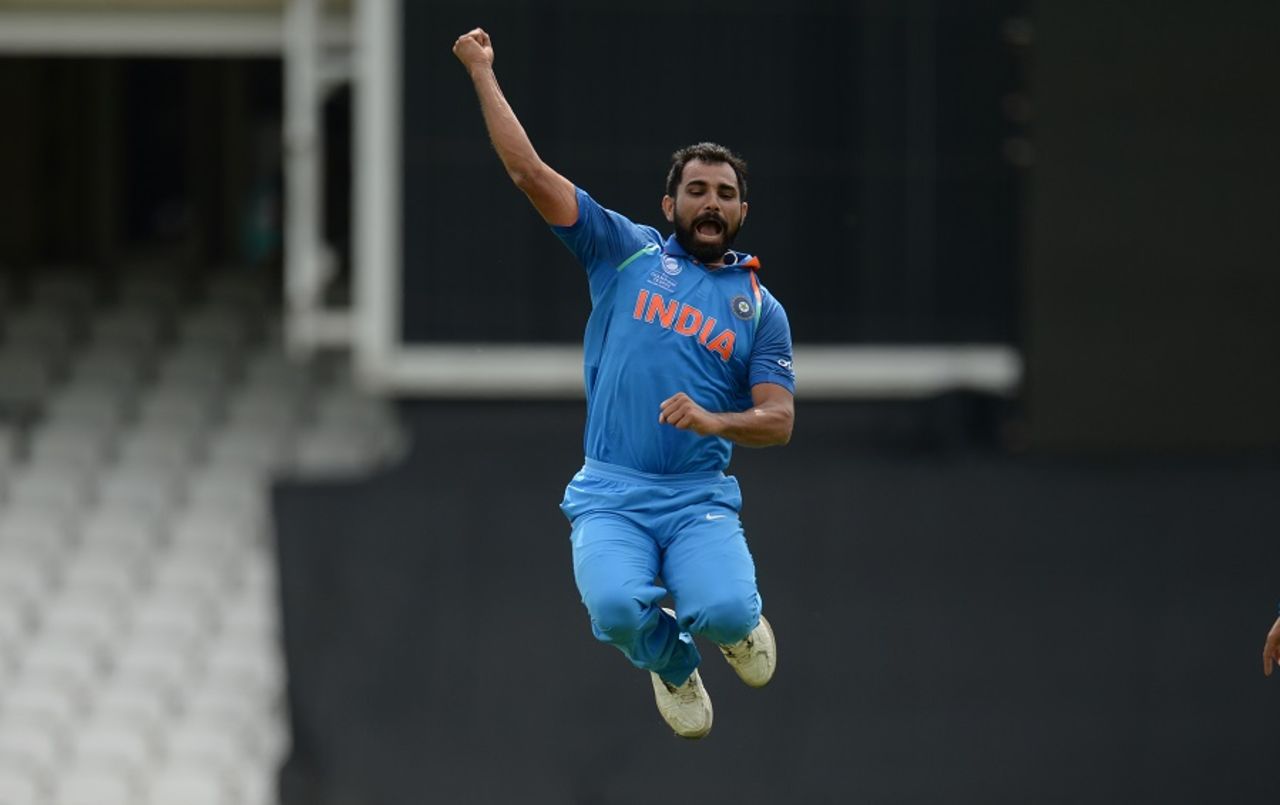 Mohammed Shami is elated after picking up a wicket, India v New Zealand, Champions Trophy warm-ups, London, May 28, 2017