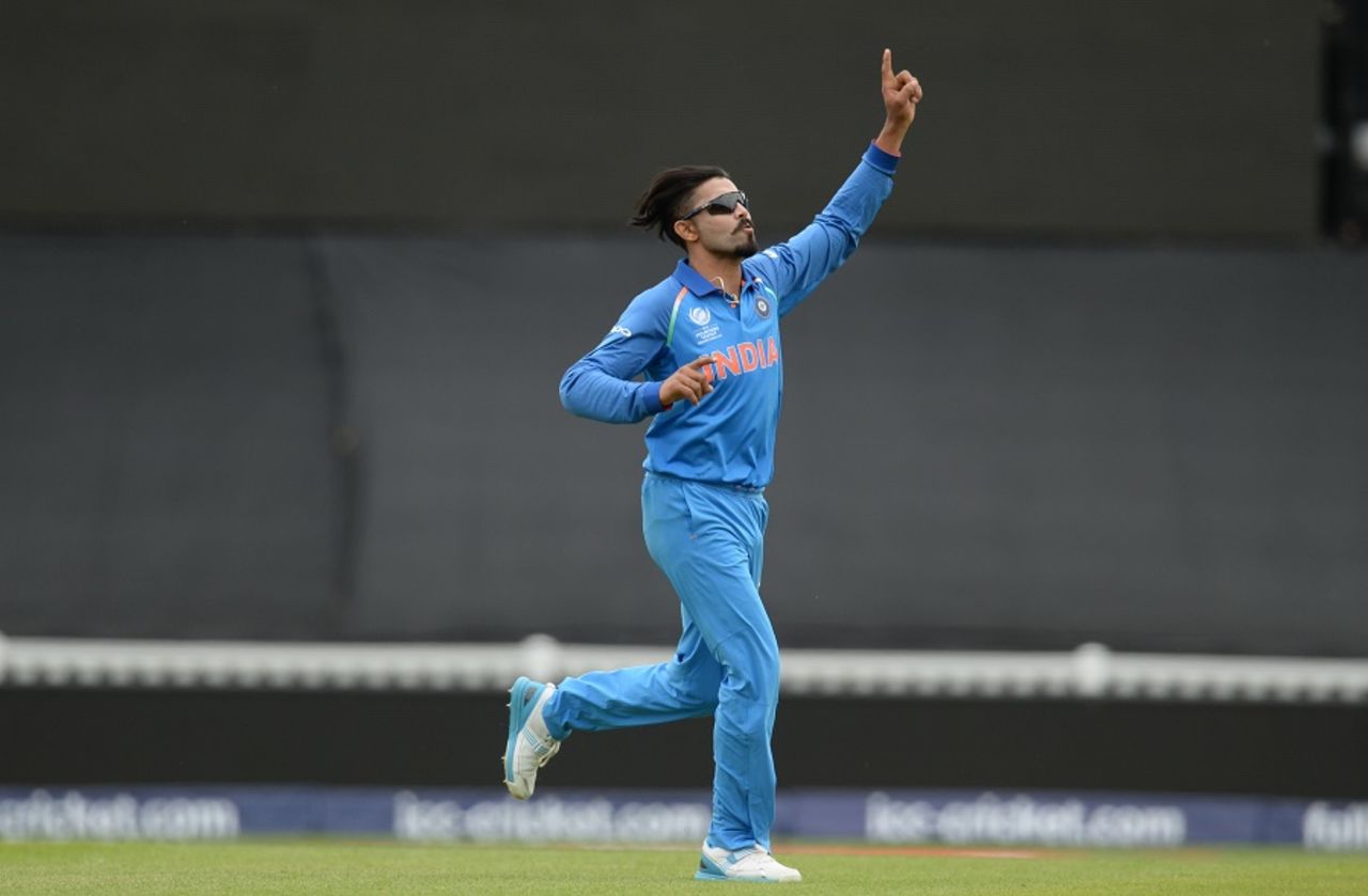 Ravindra Jadeja wheels away after taking a wicket, India v New Zealand, Champions Trophy warm-ups, London, May 28, 2017