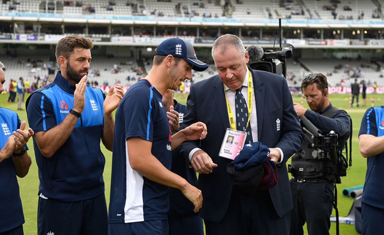 Toby Roland-Jones was handed his cap by Angus Fraser, England v South Africa, 3rd ODI, Lord's, May 29, 2017