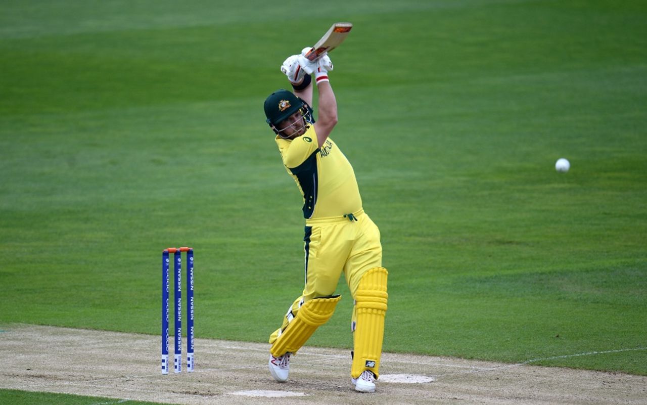 Aaron Finch holds his shot after driving the ball, Australia v Pakistan, Champions Trophy warm-ups, Birmingham, May 29, 2017