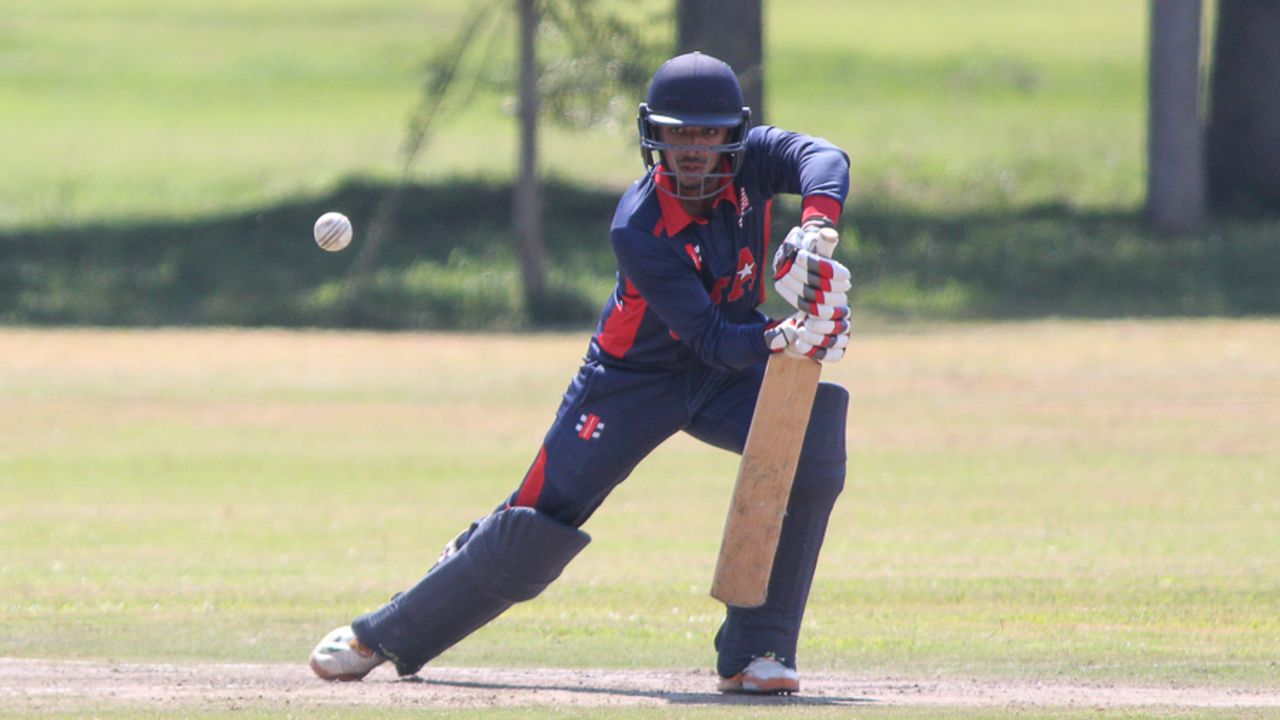 Sagar Patel looks for a single in the off side during his 33, Uganda v USA, ICC World Cricket League Division Three, Entebbe, May 29, 2017