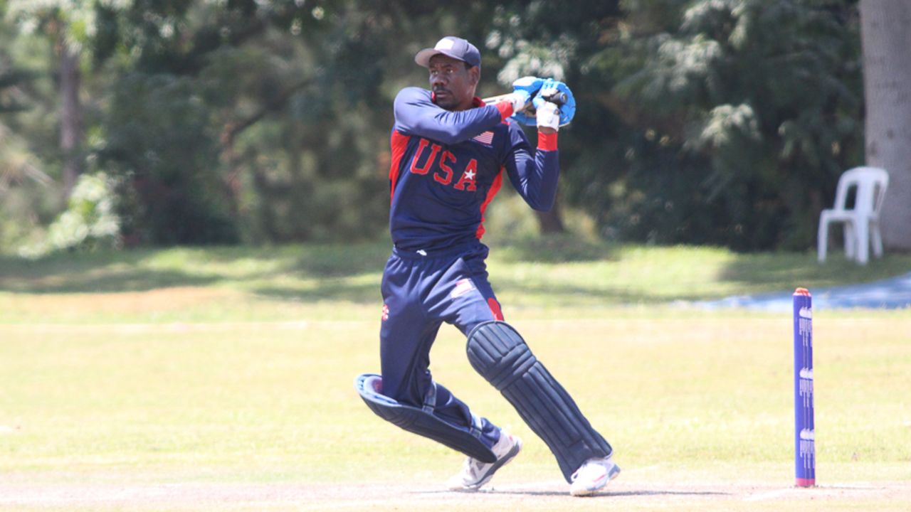 Elmore Hutchinson pulls a boundary to reach a half-century in 49 balls, Uganda v USA, ICC World Cricket League Division Three, Entebbe, May 29, 2017