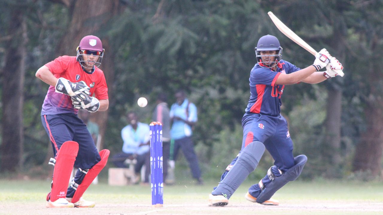 Sagar Patel cuts through point for a boundary, Singapore v USA, ICC World Cricket League Division Three, 3rd place playoff, Kampala, May 30, 2017