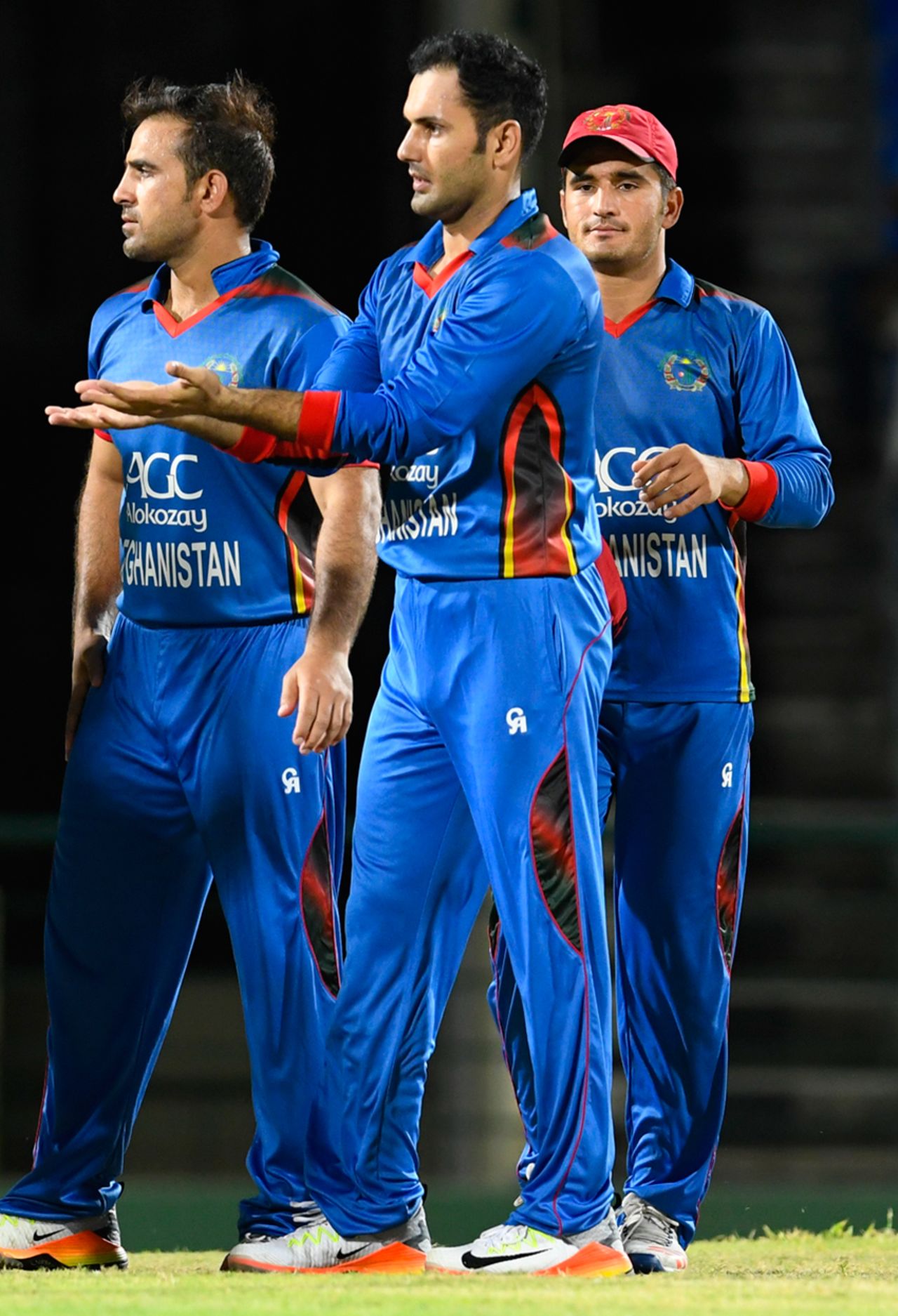 Mohammad Nabi celebrates a wicket with his team-mates, WICB President's XI v Afghanistan, warm-up T20I, St Kitts, May 30, 2017