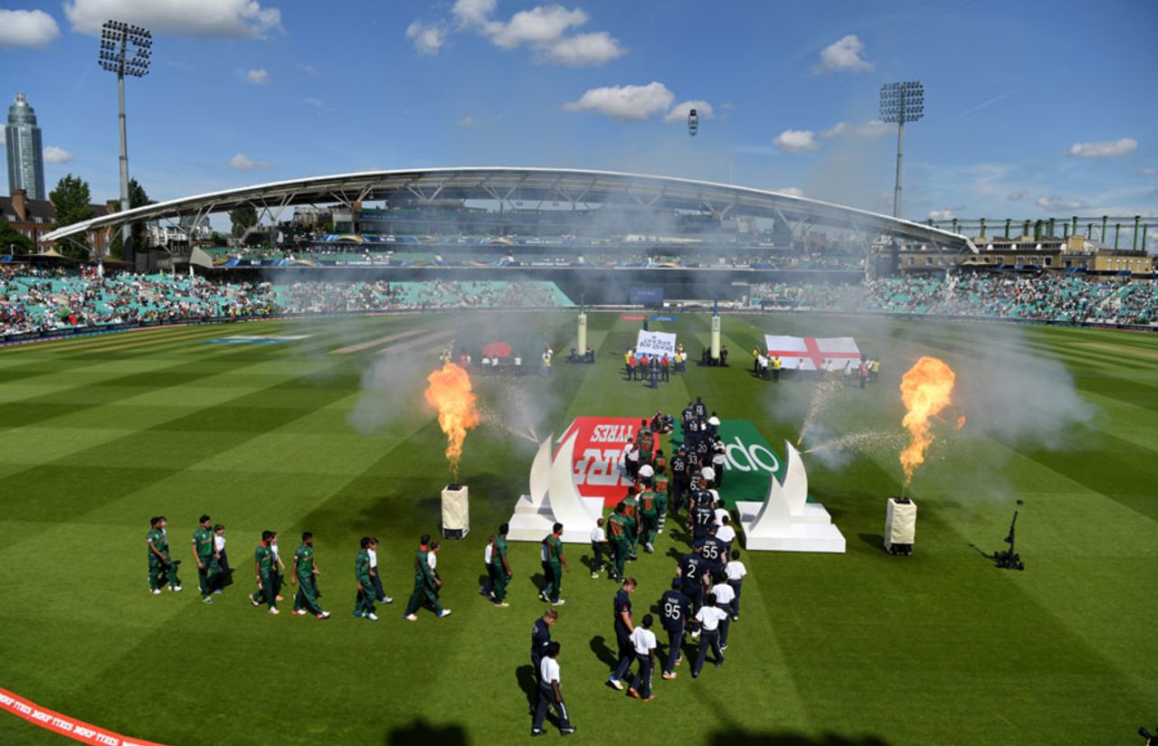 The teams walk out for the anthems, England v Bangladesh, Champions Trophy, Group A, The Oval, June 1, 2017