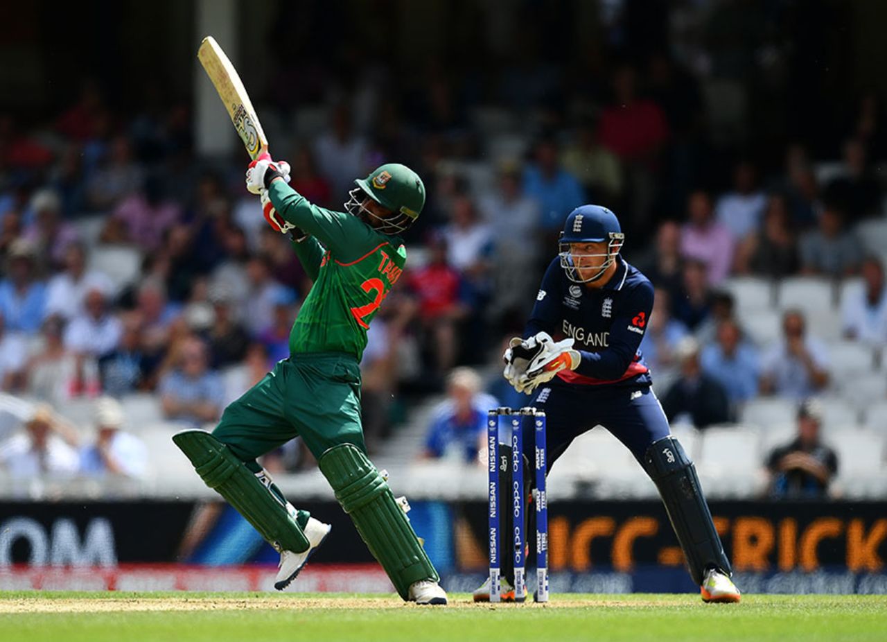 Tamim Iqbal heaves over the leg side, England v Bangladesh, Champions Trophy, Group A, The Oval, June 1, 2017