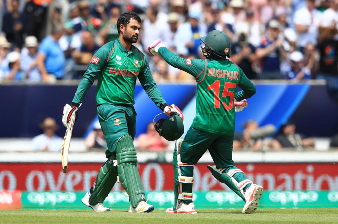 Tamim Iqbal is congratulated by his team-mate Mushfiqur Rahim, England v Bangladesh, Champions Trophy, Group A, The Oval, June 1, 2017