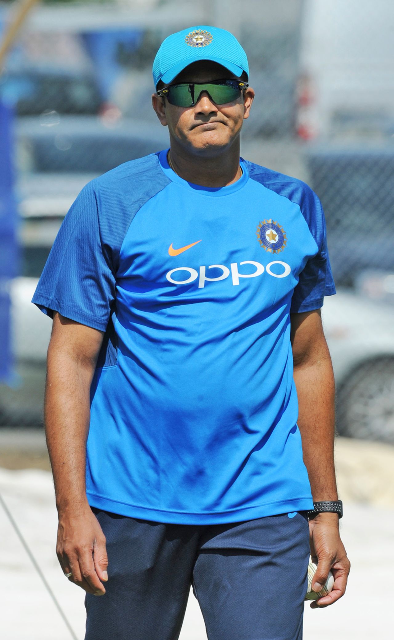 Anil Kumble reacts during a training session with the Indian team, Champions Trophy, Birmingham, June 1, 2017