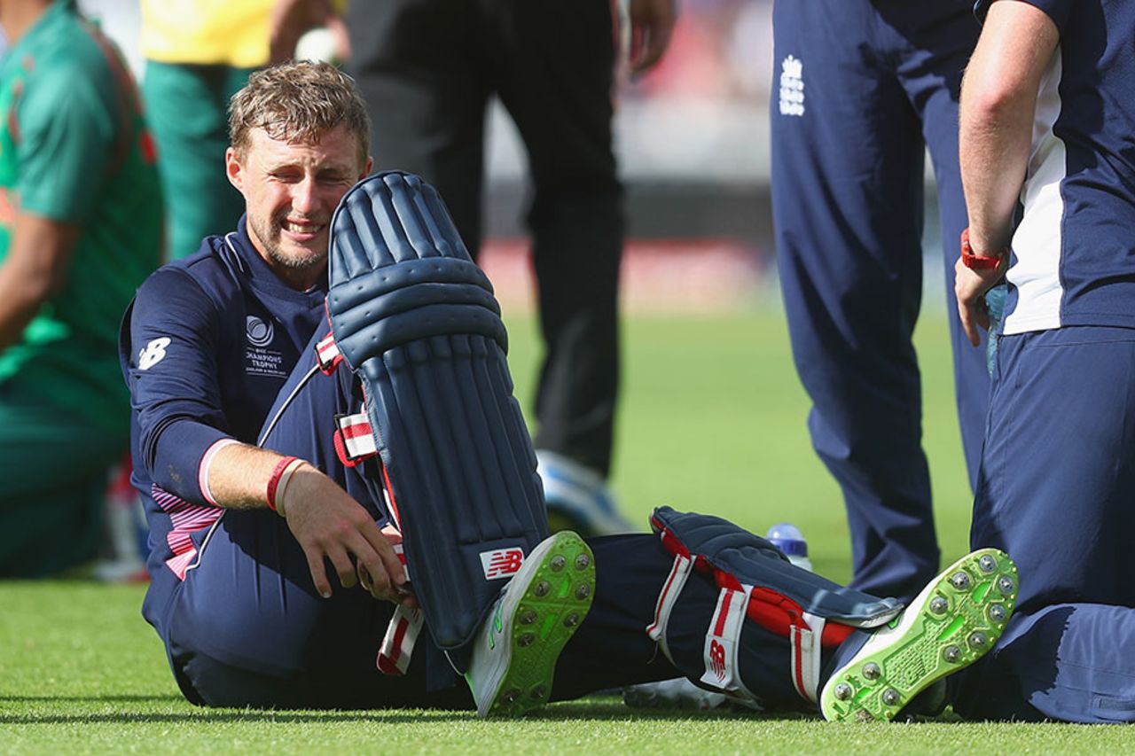 Joe Root needed treatment after rolling his ankle, England v Bangladesh, Champions Trophy, Group A, The Oval, June 1, 2017