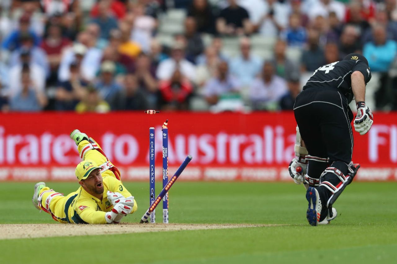 Luke Ronchi was reprieved as Matthew Wade's sliding attempt to remove the bails was off-target, Australia v New Zealand, Champions Trophy, Group A, Edgbaston, June 2, 2017