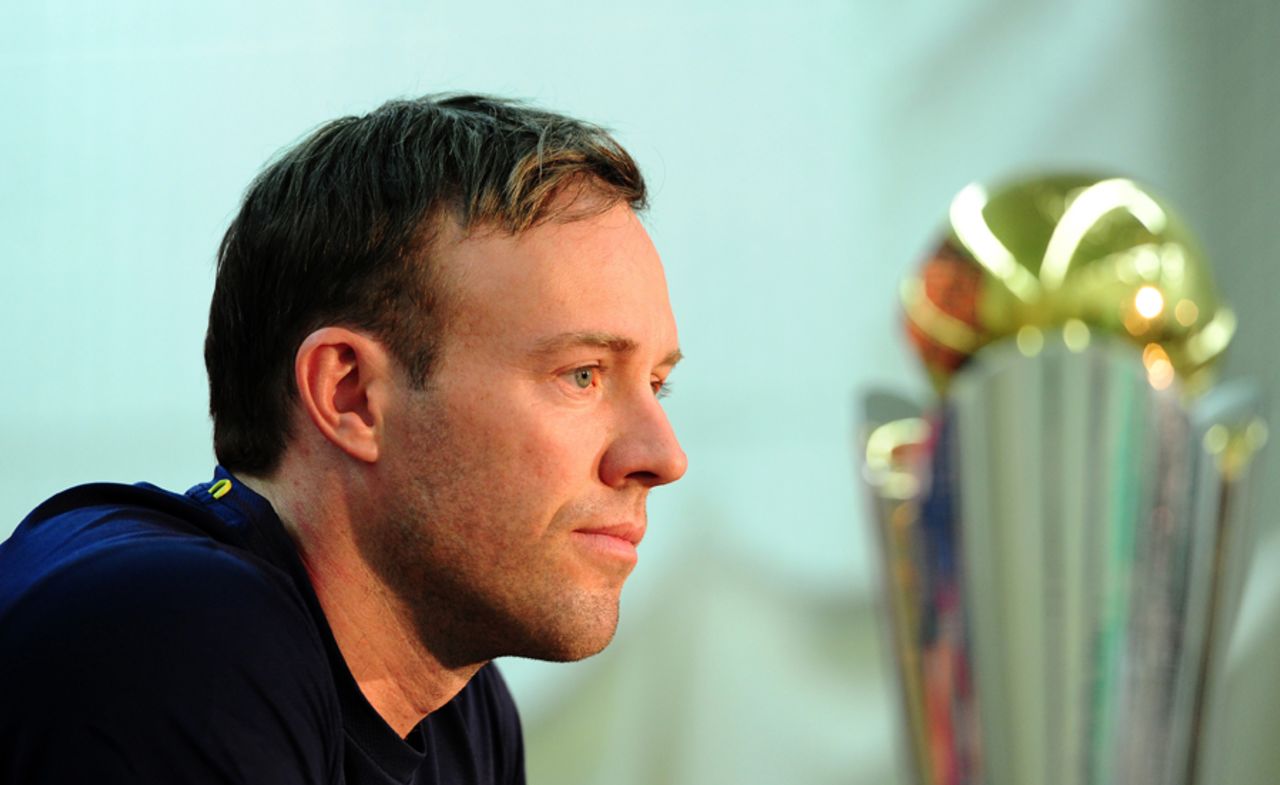 AB de Villiers, with the Champions Trophy in the foreground, London, June 2, 2017