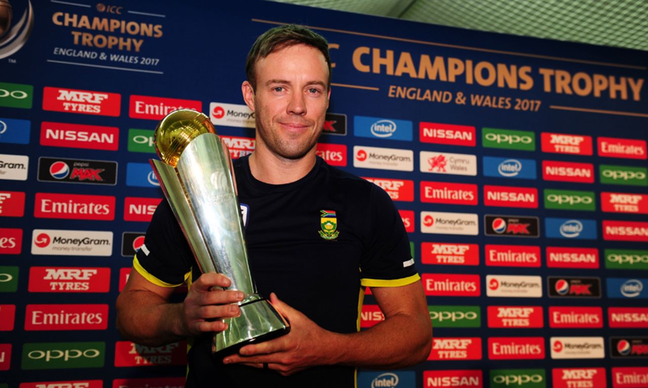 AB de Villiers poses with the Champions Trophy at a press conference, London, June 2, 2017