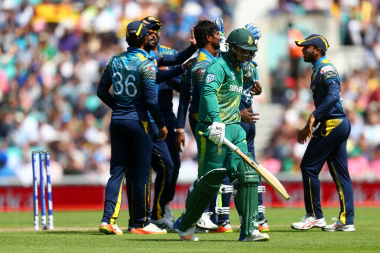Quinton de Kock was snuffed out by Nuwan Pradeep, South Africa v Sri Lanka, Champions Trophy, Group B, The Oval, June 3, 2017