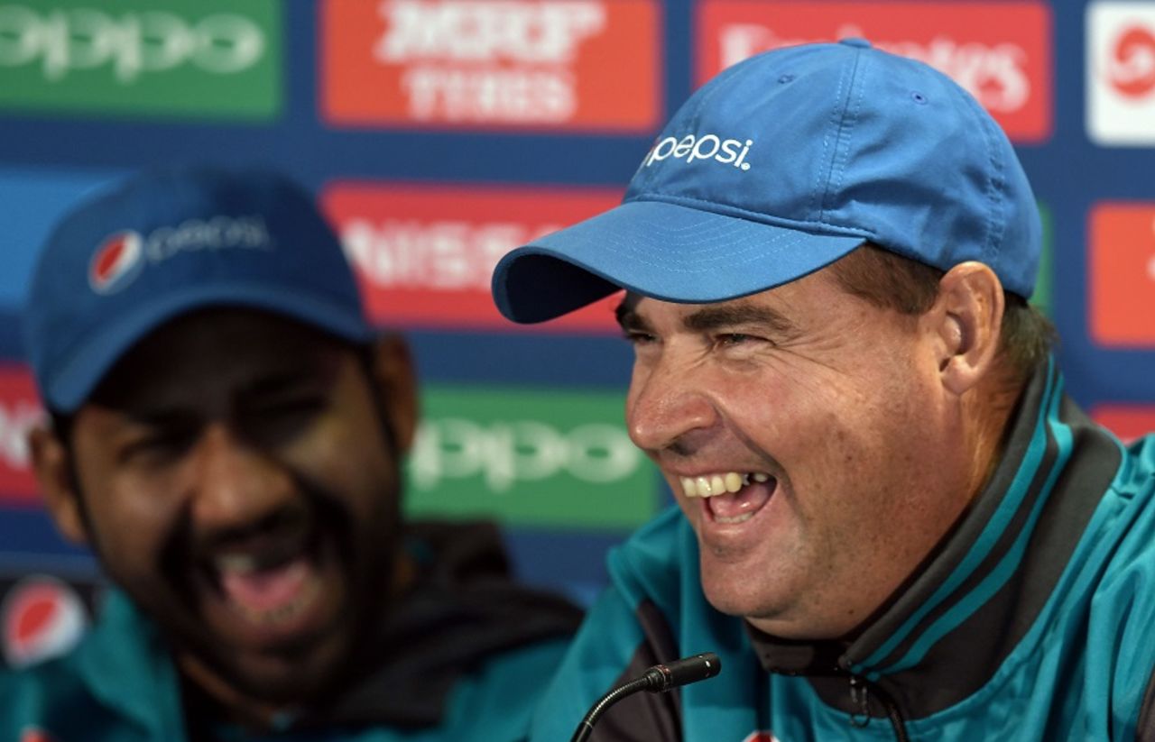 Pakistan coach Mickey Arthur and captain Sarfraz Ahmed share a light moment at the pre-match press conference, India v Pakistan, Champions Trophy, Group B, Birmingham, June 3, 2017