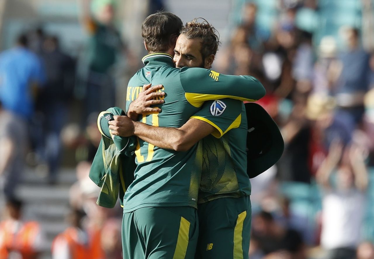 Imran Tahir and AB de Villiers embrace after South Africa's win, South Africa v Sri Lanka, Champions Trophy, Group B, The Oval, June 3, 2017
