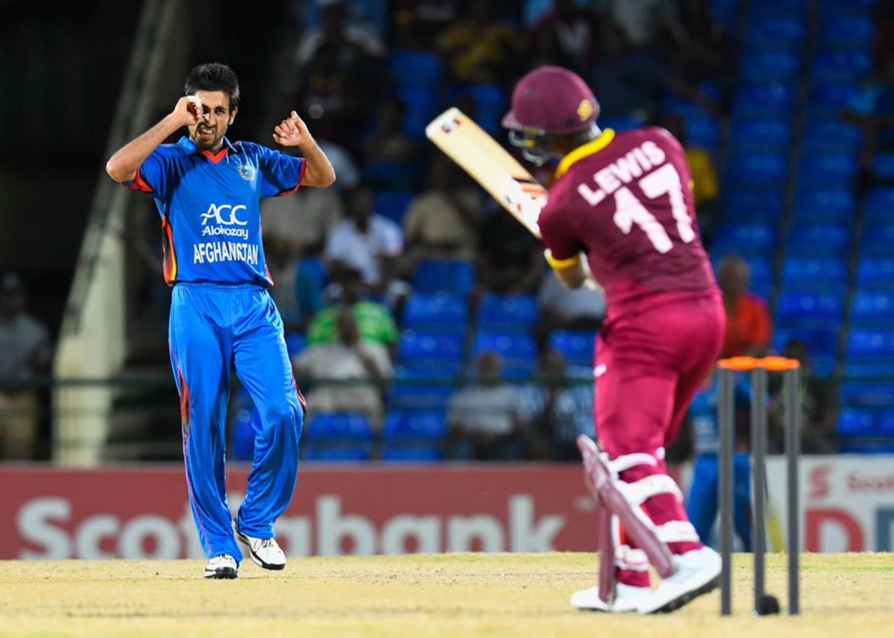 Karim Janat grimaces after beating Evin Lewis outside off, West Indies v Afghanistan, 2nd T20I, St Kitts, June 3, 2017