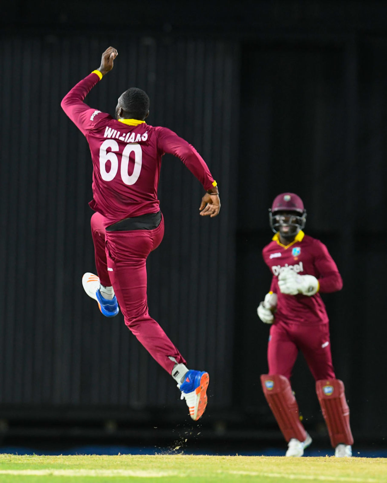 Kesrick Williams leaps up in celebration after dismissing Samiullah Shenwari, West Indies v Afghanistan, 2nd T20I, St Kitts, June 3, 2017