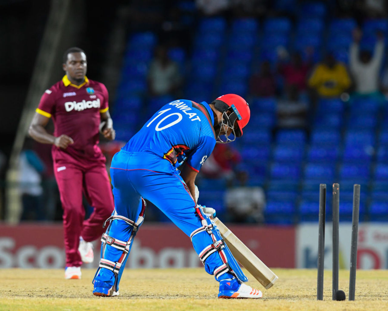 Dawlat Zadran brings the bat down too late against Jerome Taylor's yorker, West Indies v Afghanistan, 2nd T20I, St Kitts, June 3, 2017