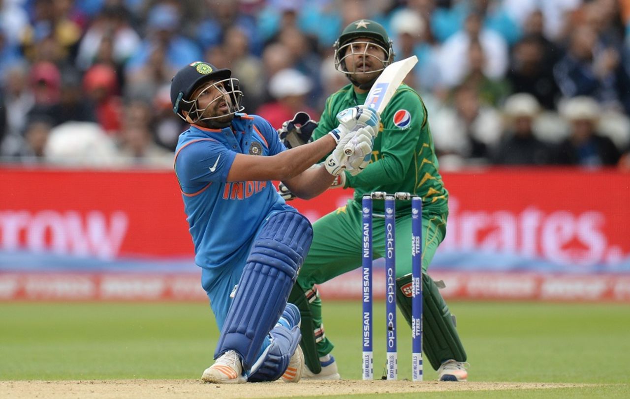 Rohit Sharma unleashes a slog-sweep, India v Pakistan, Champions Trophy, Group B, Birmingham, June 4, 2017