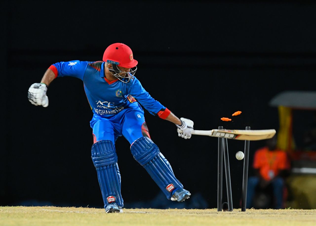 Noor Ali Zadran is bowled by Kesrick Williams, West Indies v Afghanistan, 3rd T20I, St Kitts, June 5, 2017
