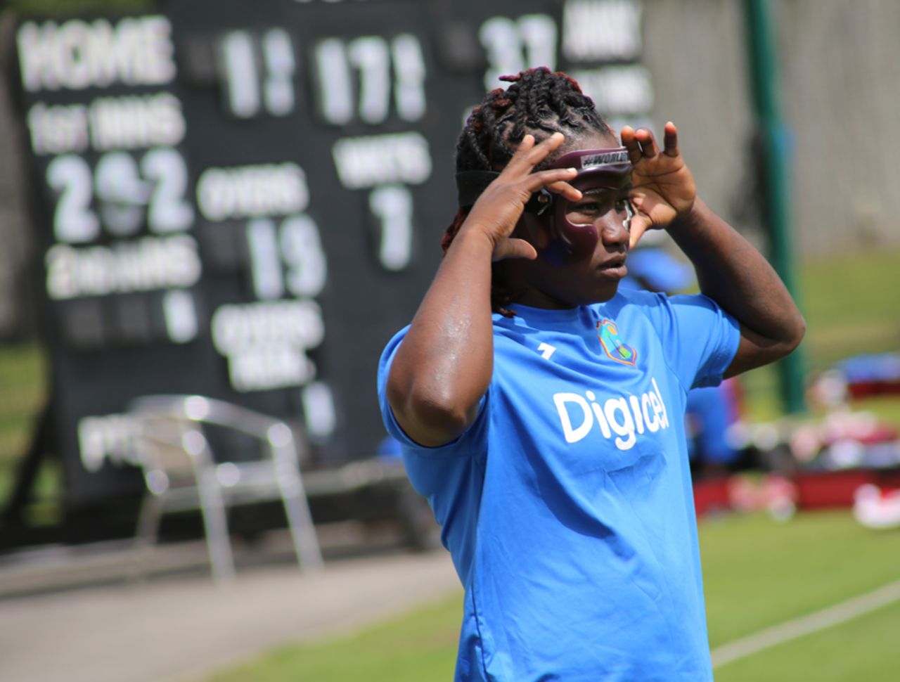 Deandra Dottin fixes her protective face mask during a training session, Women's World Cup, Hampshire, June 4, 2017