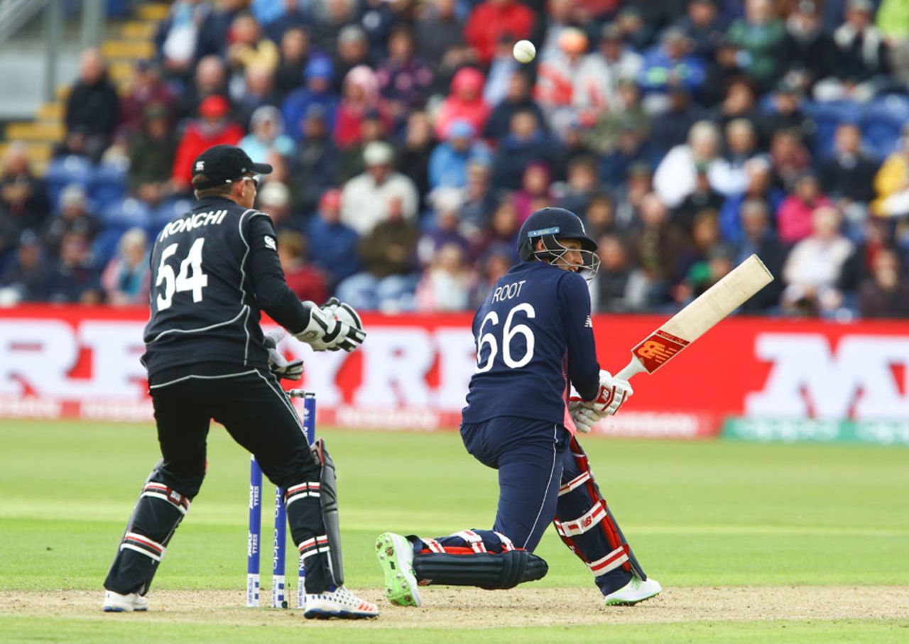 Joe Root manufactures something off a reverse-sweep, England v New Zealand, Champions Trophy 2017, Cardiff, June 6, 2017