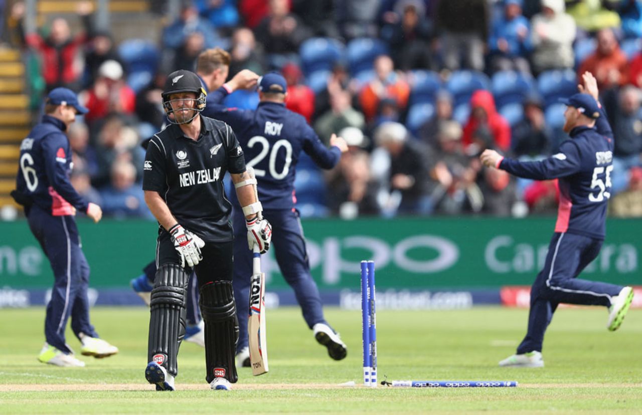 Luke Ronchi fell in the first over of the chase, England v New Zealand, Champions Trophy 2017, Cardiff, June 6, 2017