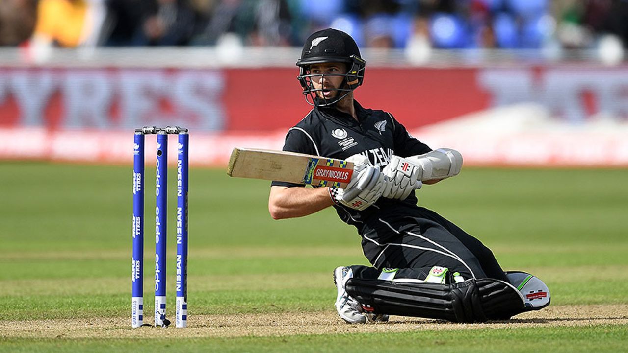 Kane Williamson limbos out of the way of a bouncer, England v New Zealand, Champions Trophy 2017, Cardiff, June 6, 2017